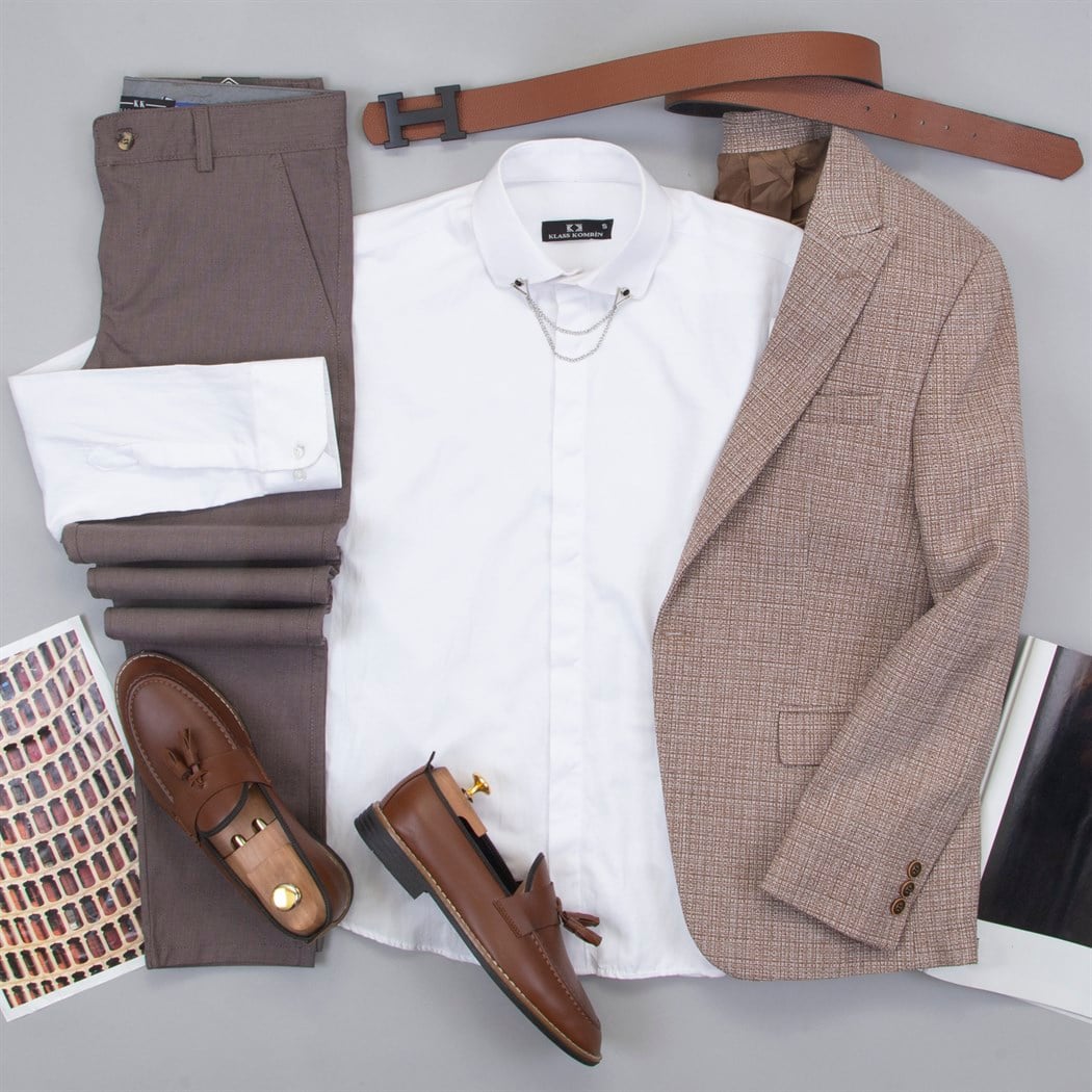 Kahve Blazer Ceket Gömlek Pantolon Ayakkabı Kombin