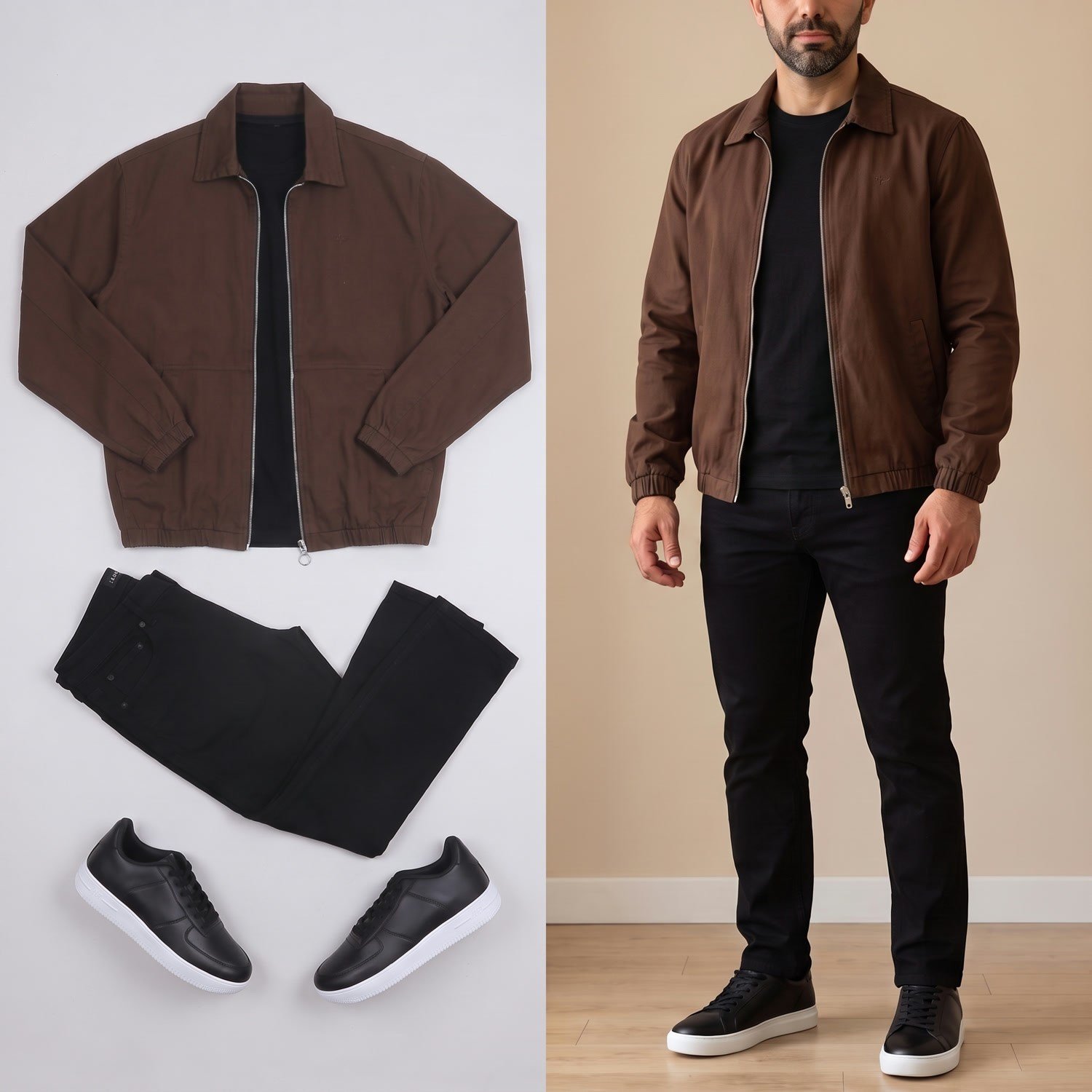 Kahve Bomber Ceket Tişört Pantolon Ayakkabı Kombini