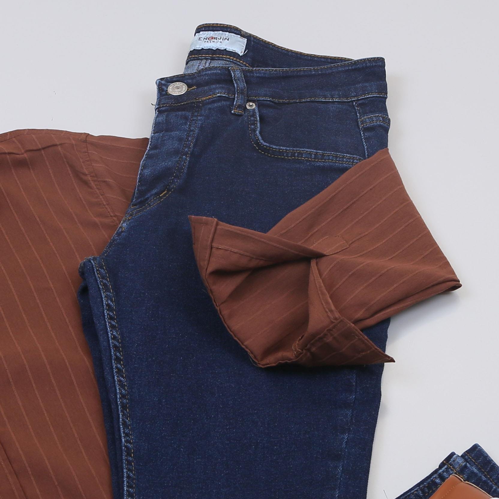 Kahve Çizgili Gömlek Pantolon Ayakkabı Kombin