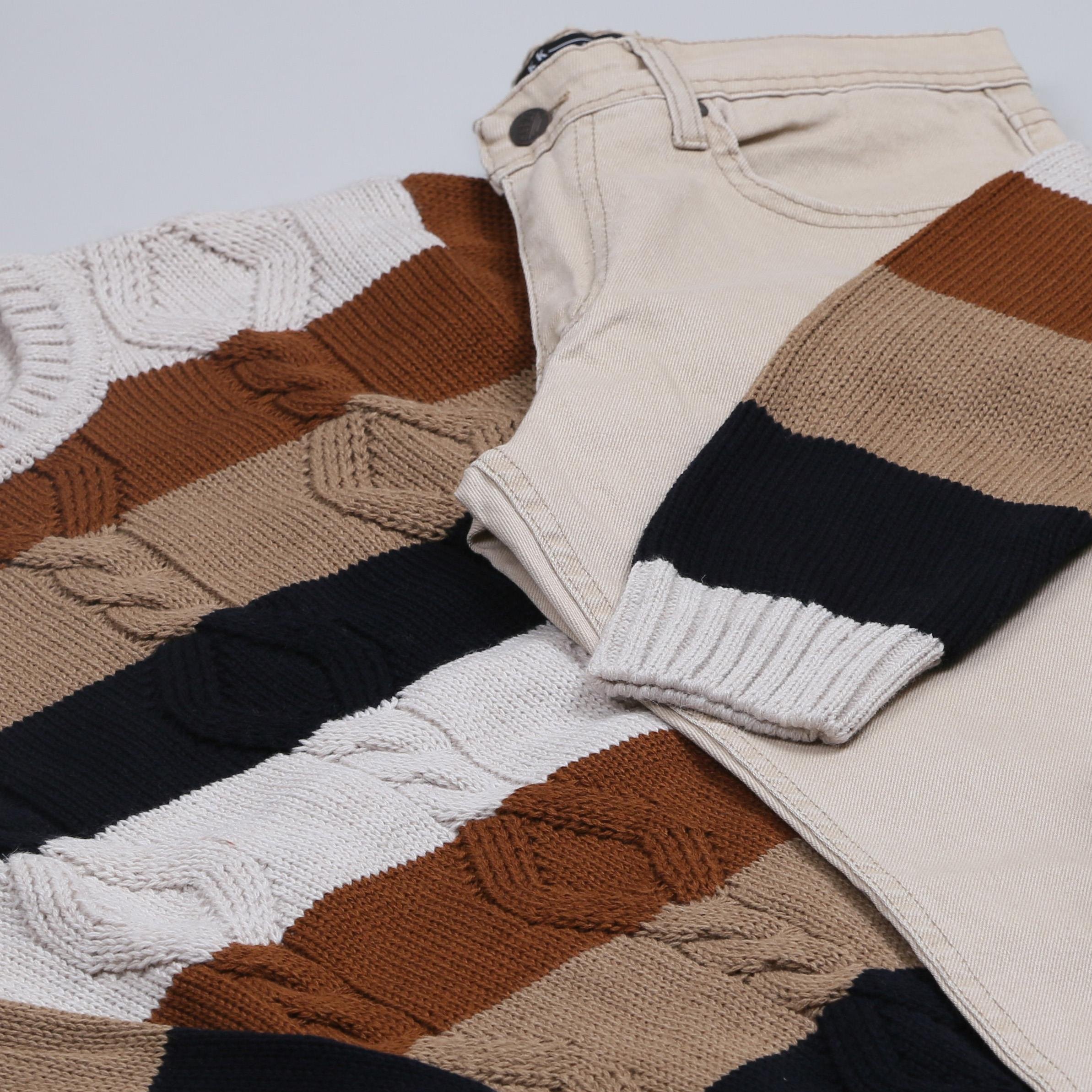 Kahve Çizgili Kazak Kot Pantolon Bot Kombini