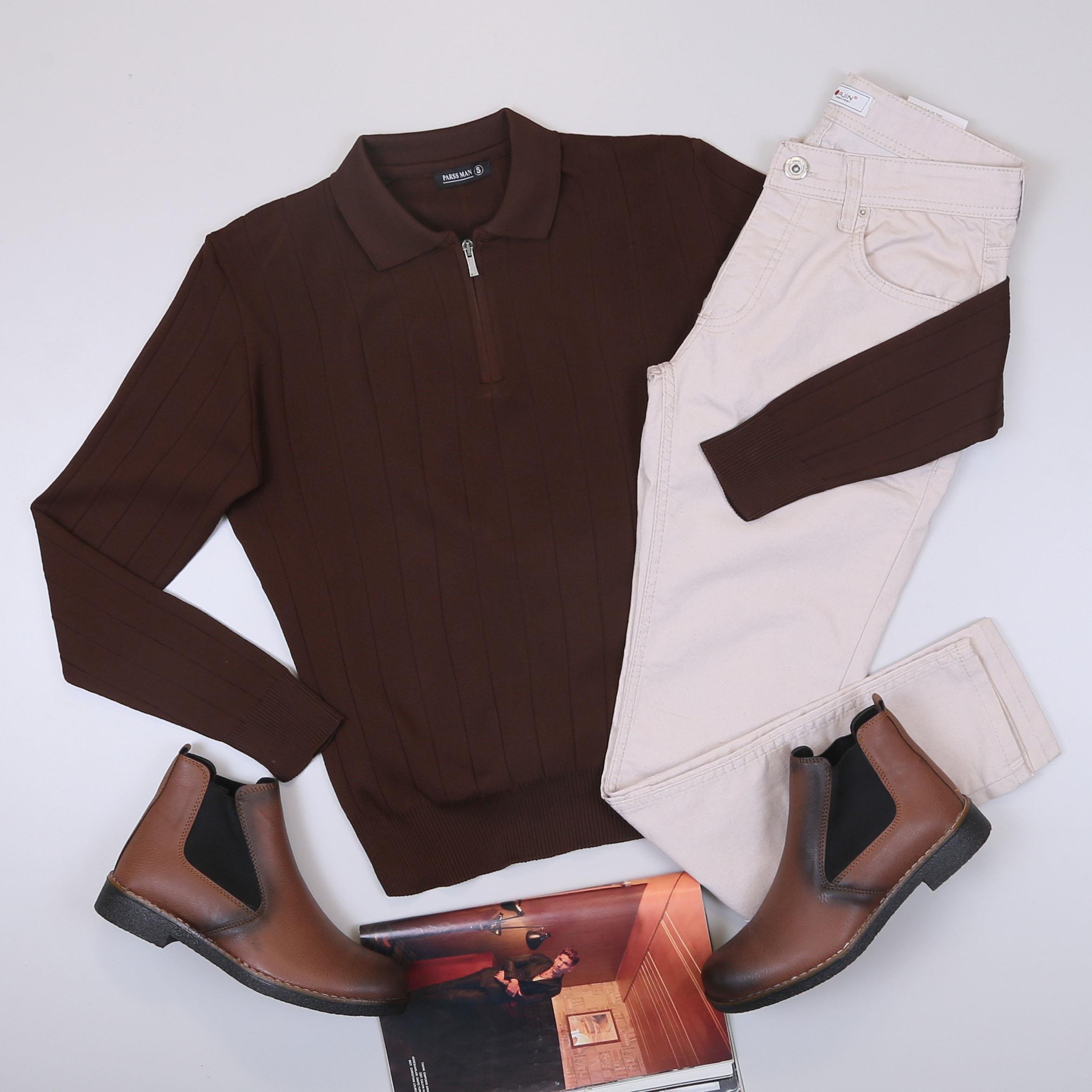 Kahve Çizgili Triko Polo Yaka Pantolon Bot Kombin