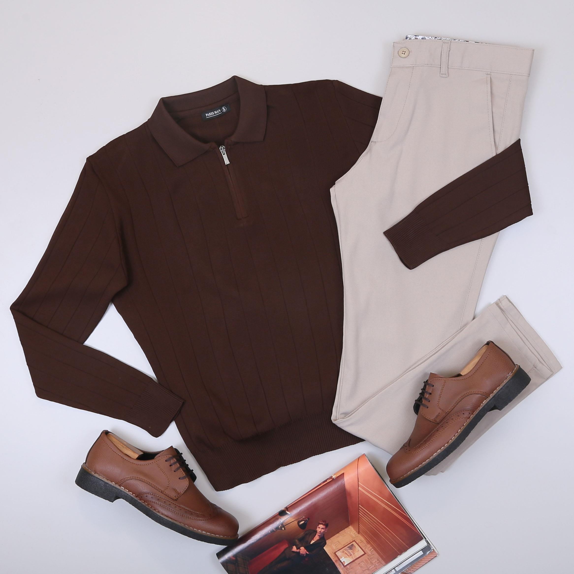 Kahve Çizgili Triko Polo Yaka Pantolon Ayakkabı Kombin