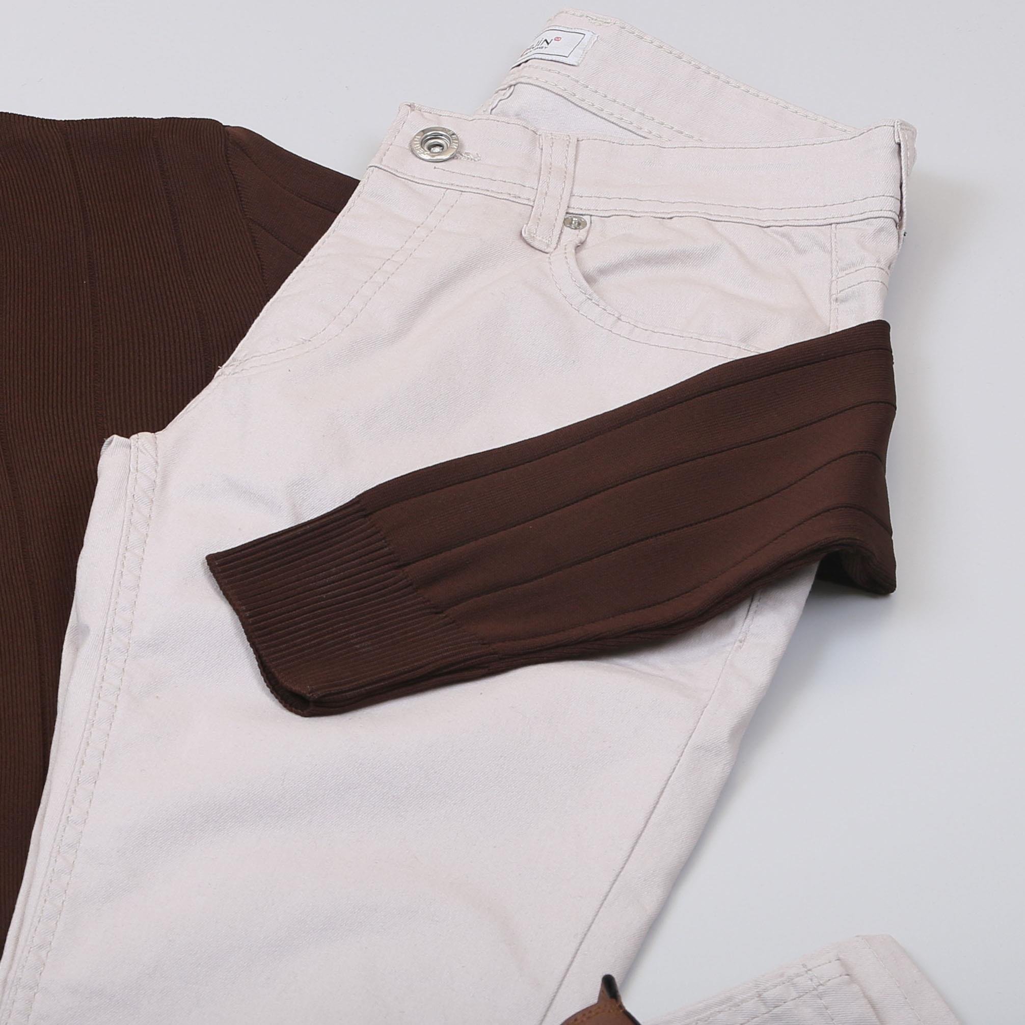 Kahve Çizgili Triko Polo Yaka Pantolon Bot Kombin