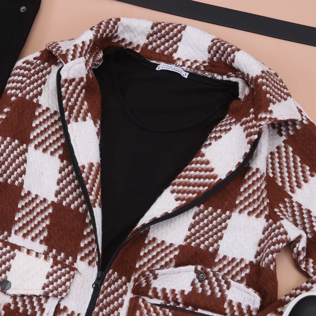 Kahve Ekoseli Triko Ayakkabı kombini