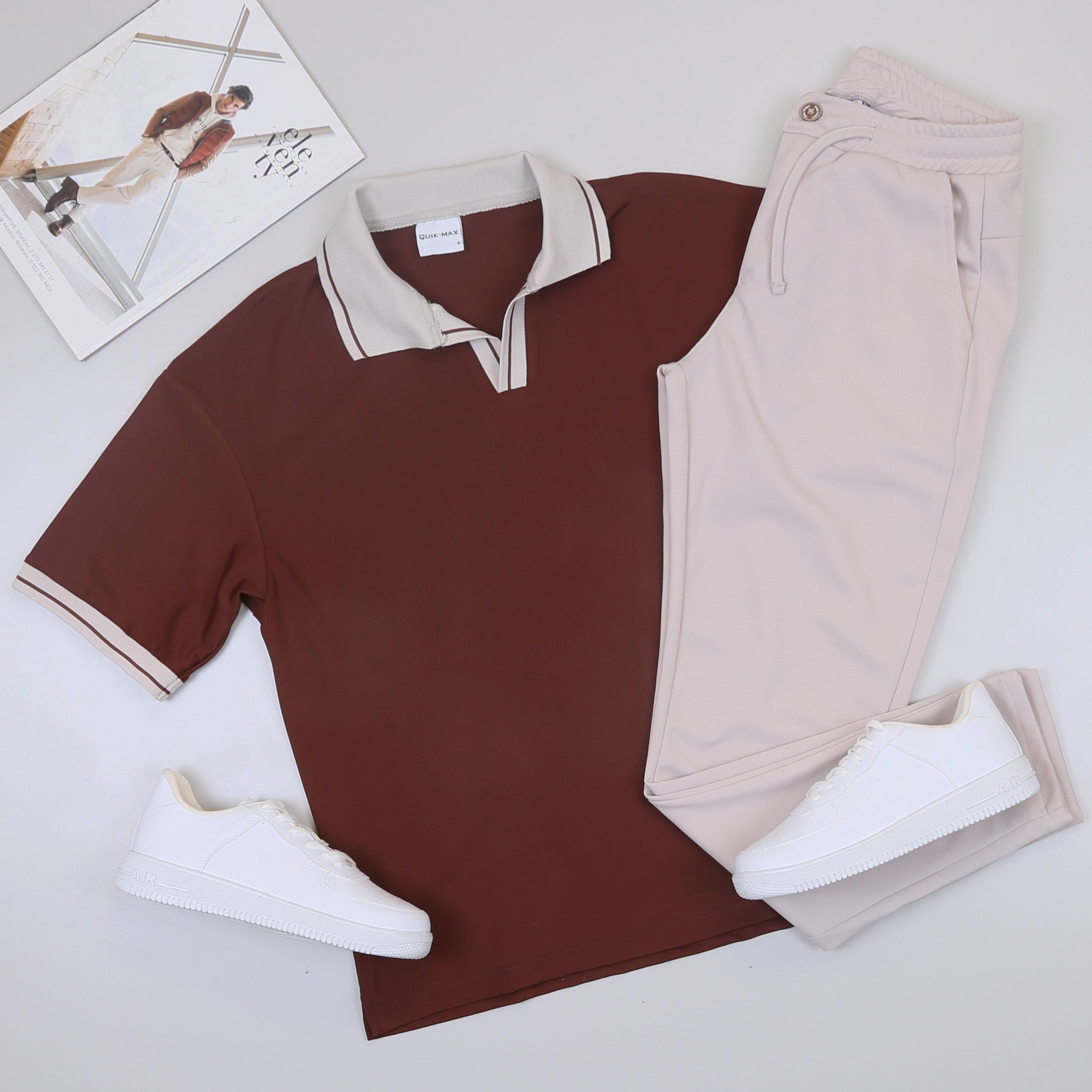Kahve Forma Kumaş Polo Yaka Tişört Pantolon Ayakkabı Kombin