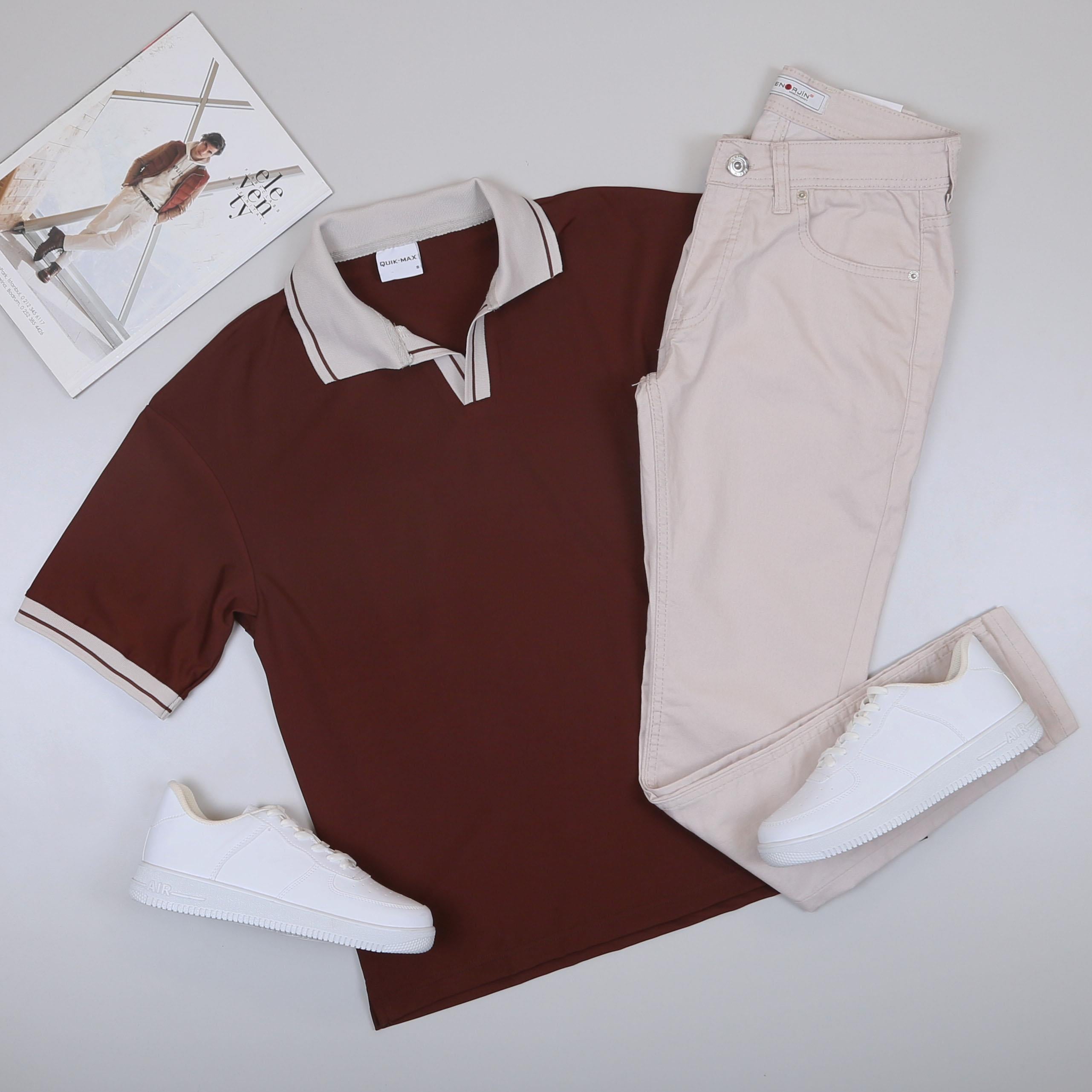 Kahve Forma Kumaş Polo Yaka Tişört Pantolon Ayakkabı Kombin