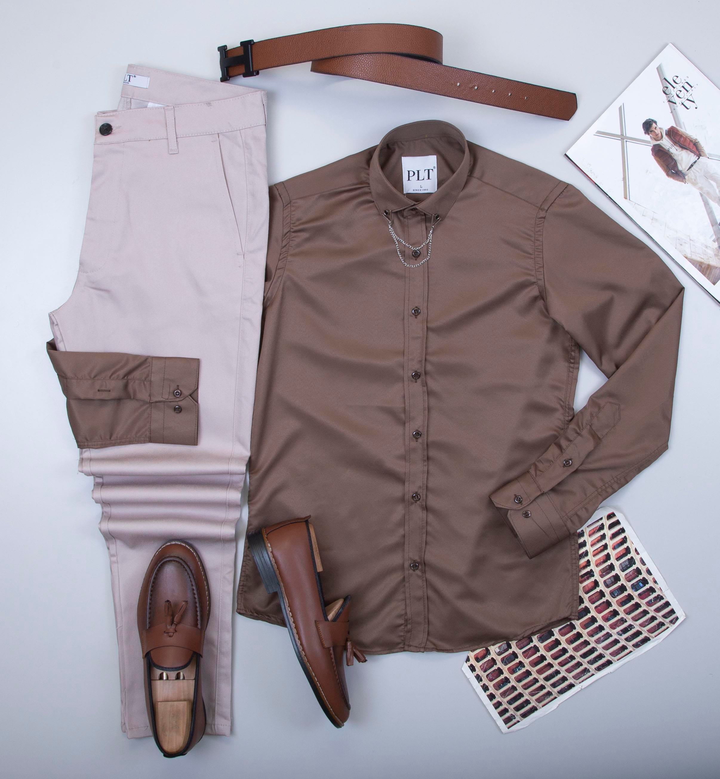 Kahve Gömlek Bej Pantolon Ayakkabı Kombin
