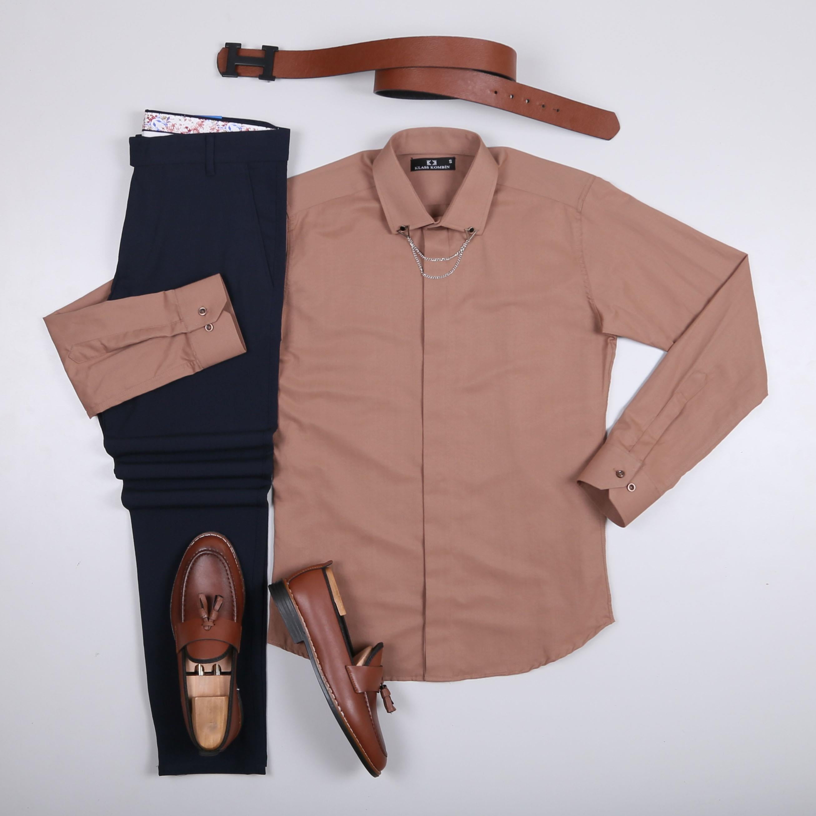 Kahve Gömlek Lacivert Pantolon Ayakkabı Kombin