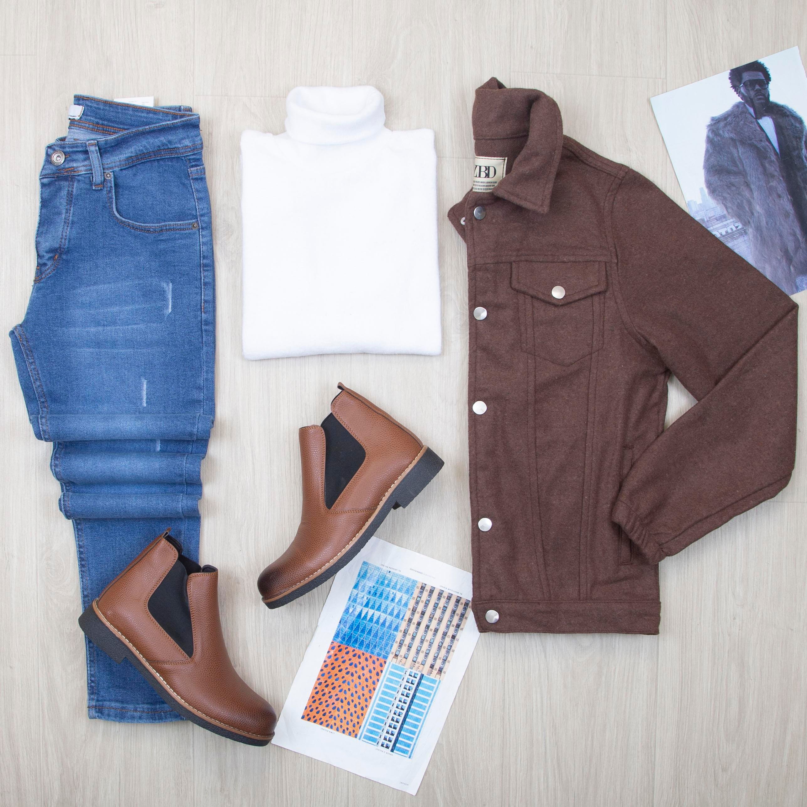 Kahve Kaşe Ceket Boğazlı Body Pantolon Bot Kombin