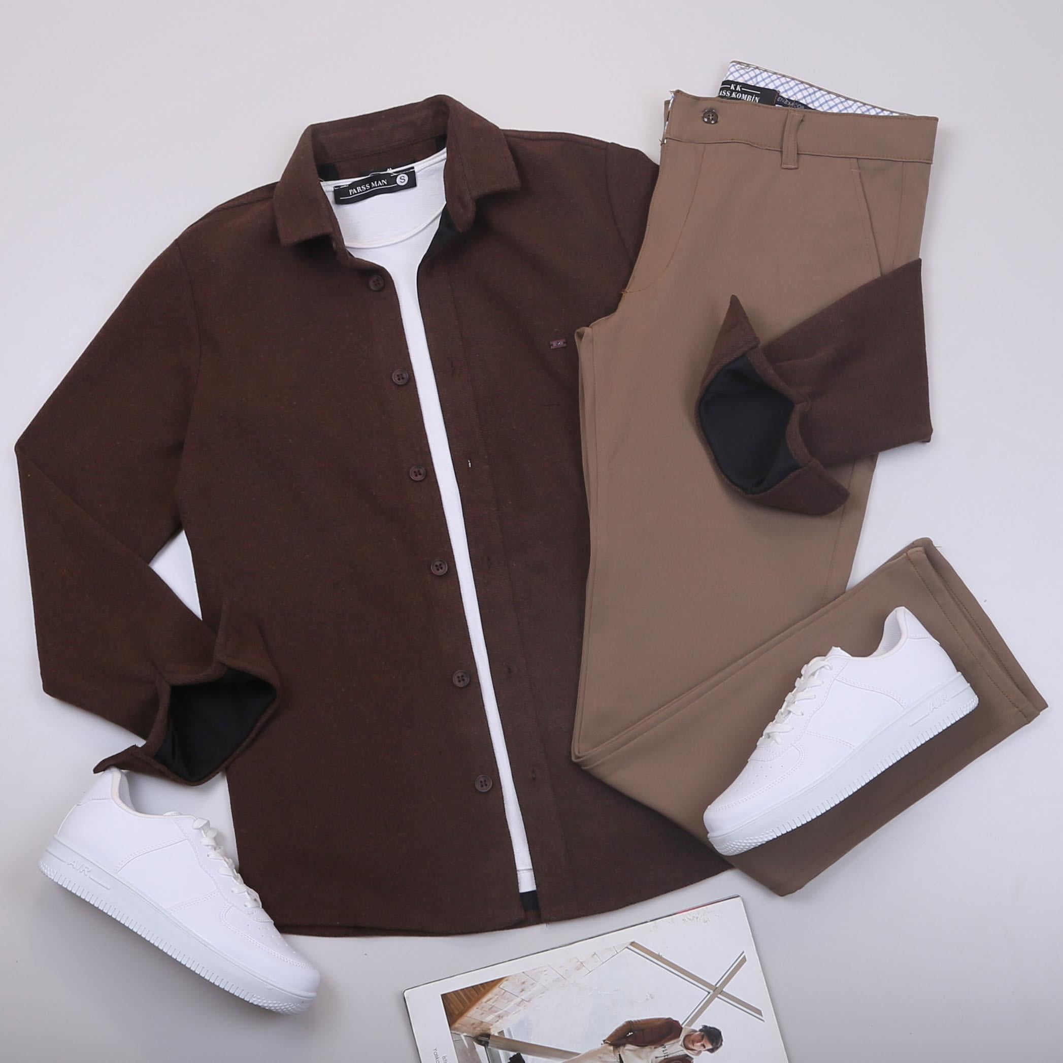 Kahve Kaşe Gömlek Tişört Pantolon Ayakkabı Kombin