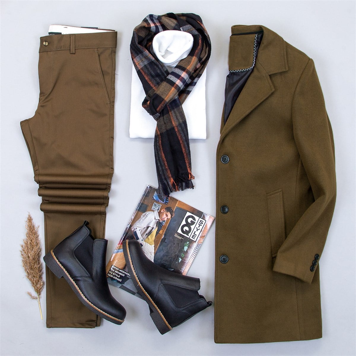 Kahve Kaşe Kaban Boğazlı Kazak Pantolon Bot Kombin