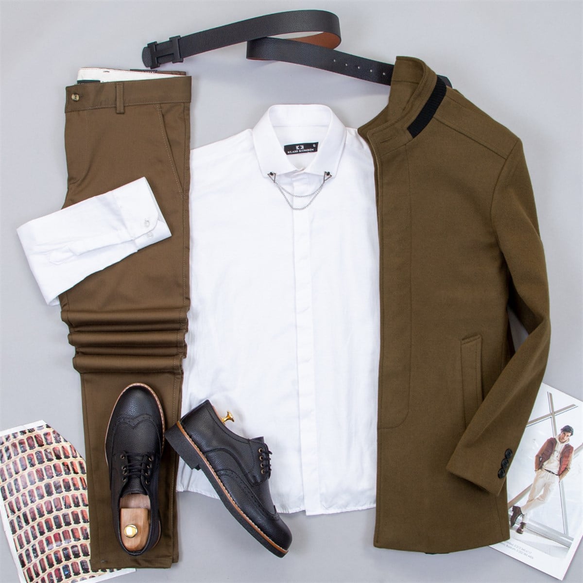 Kahve Kaşe Kaban Gömlek Pantolon Ayakkabı Kombin