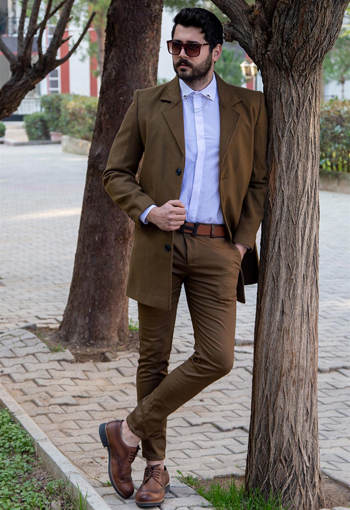 Kahve Kaşe Kaban Gömlek Pantolon Ayakkabı Kombin
