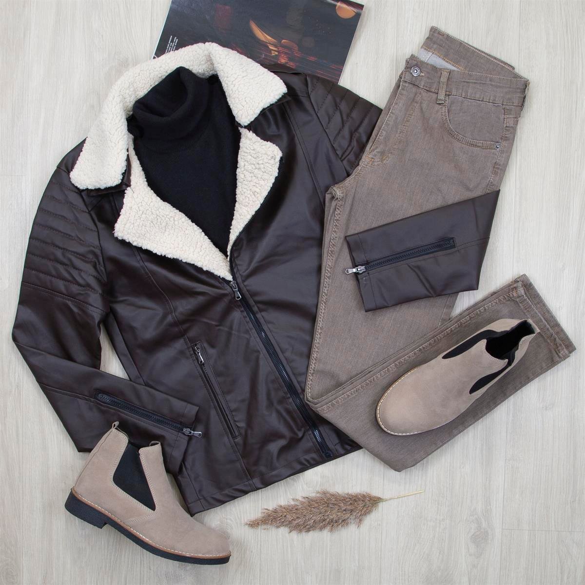 Kahve Kürklü Deri Ceket Boğazlı Body Pantolon Ayakkabı Kombin