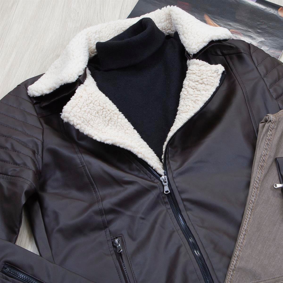 Kahve Kürklü Deri Ceket Boğazlı Body Pantolon Ayakkabı Kombin