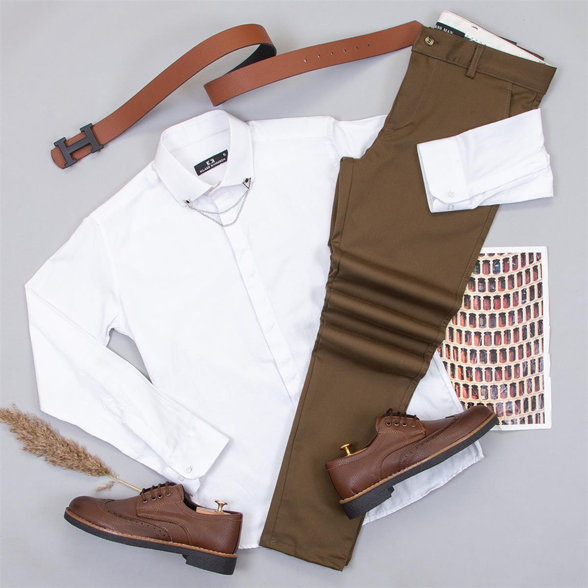 Kahve Pantolon Beyaz Gömlek Ayakkabı Kombin