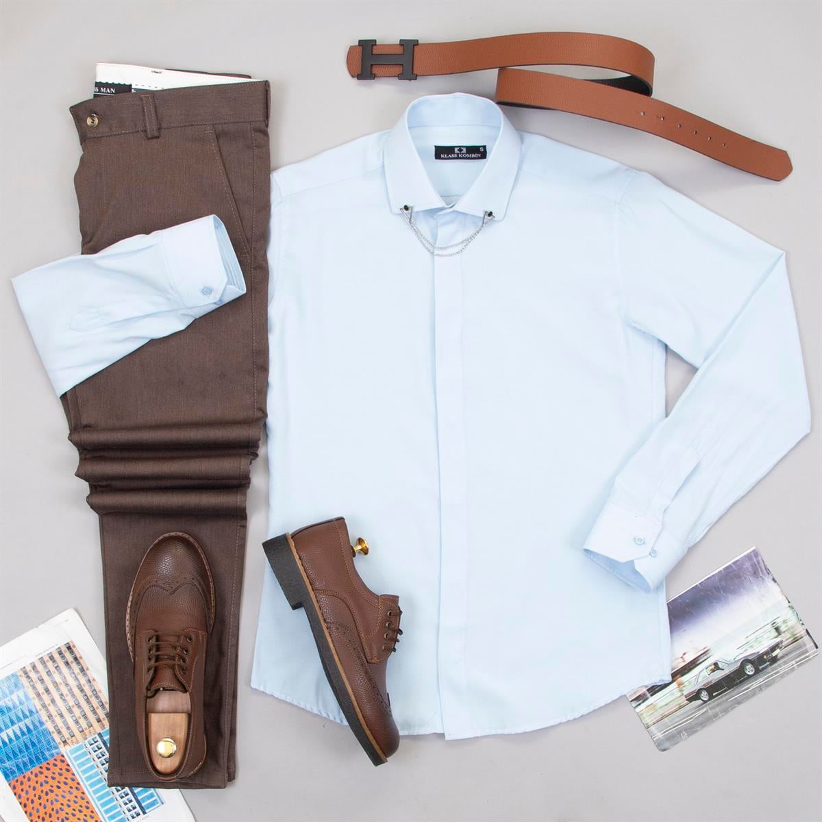 Kahve Pantolon Mavi Gömlek Ayakkabı Kombin