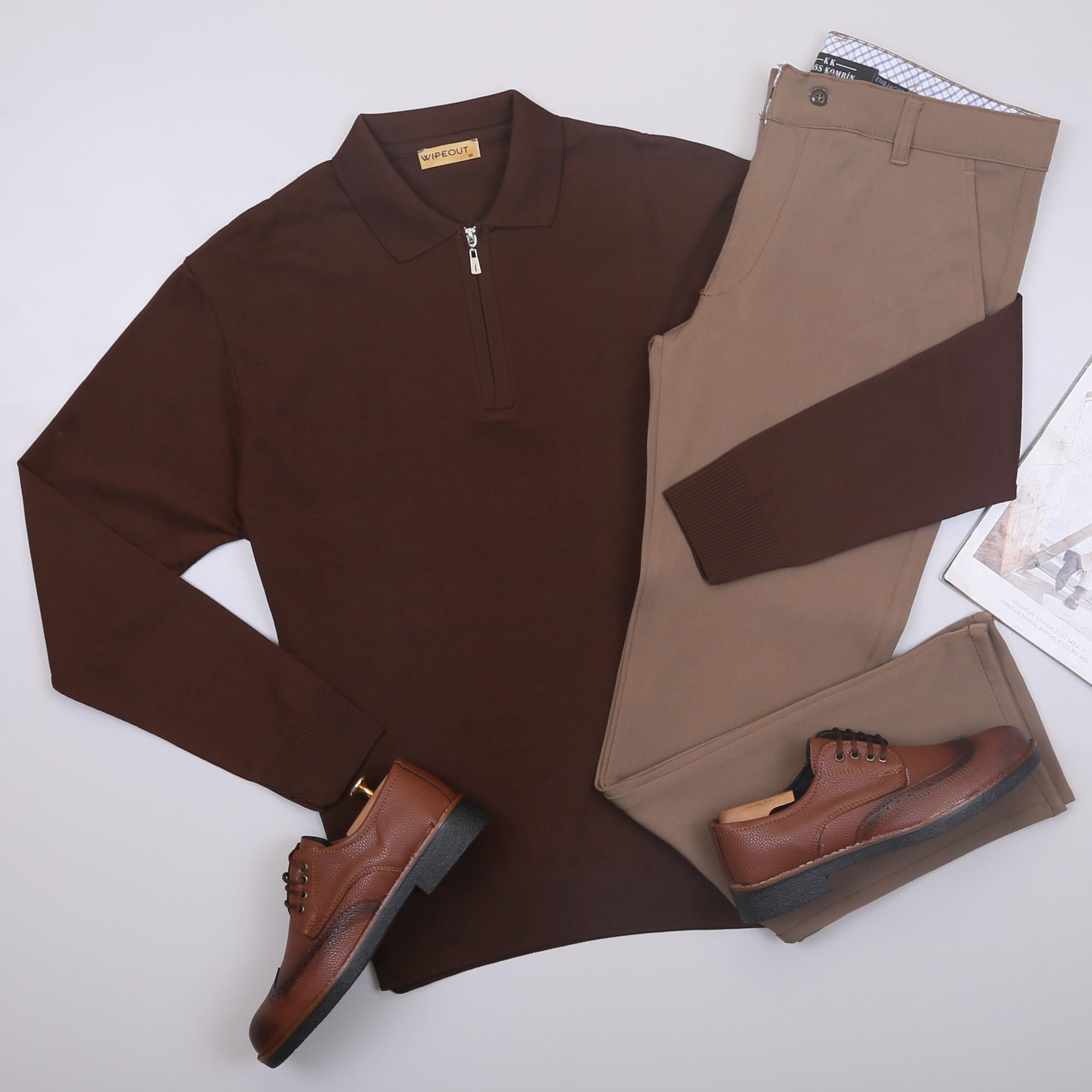 Kahve Triko Polo Yaka Pantolon Ayakkabı Kombin