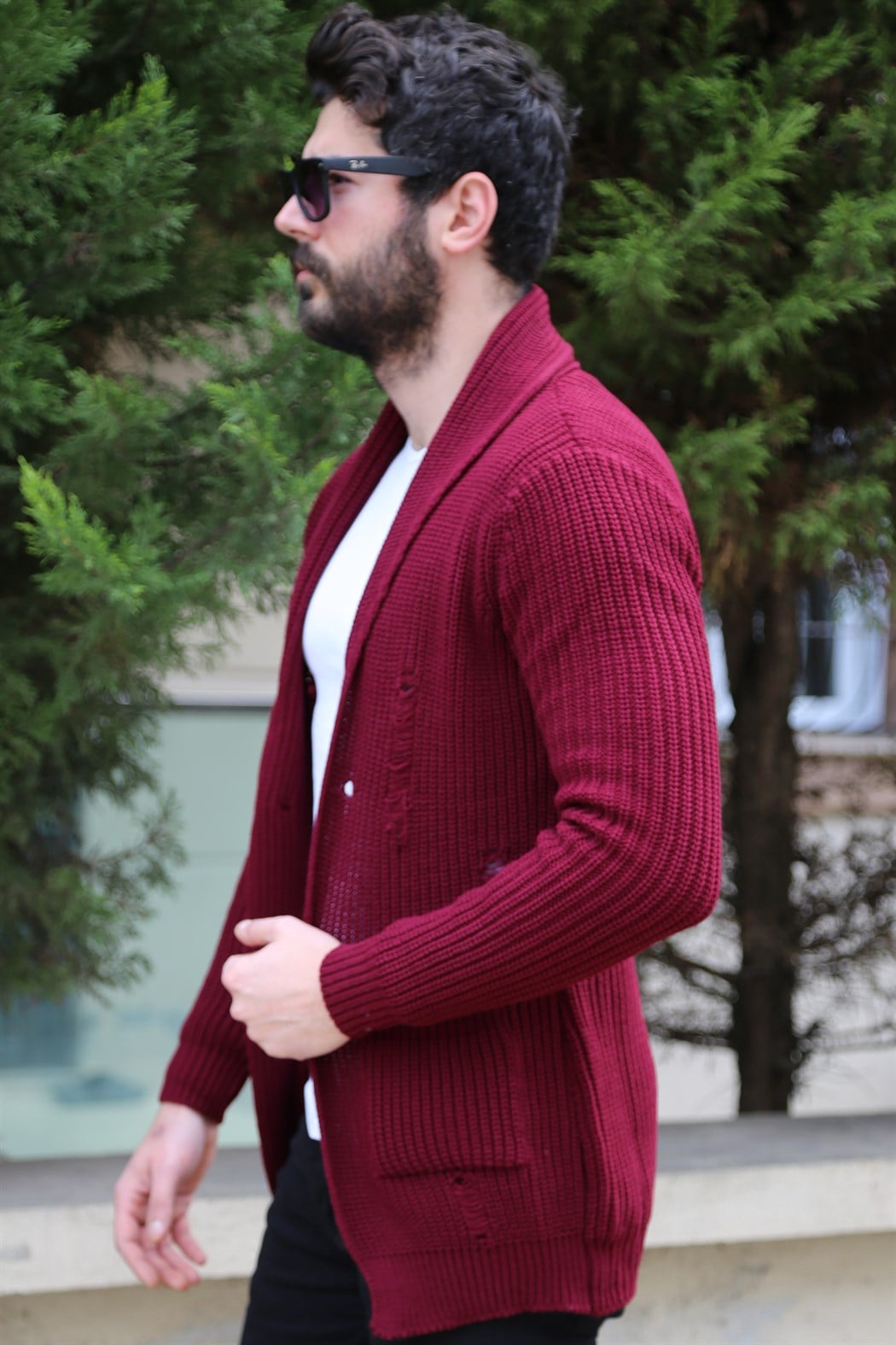 Kalın Yırtıklı Bordo Hırka