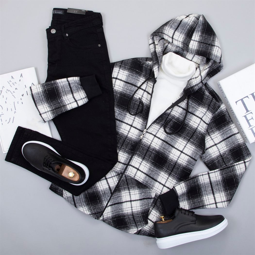 Kapşonlu Ekose Oduncu Gömlek Tişört Pantolon Ayakkabı Kombin