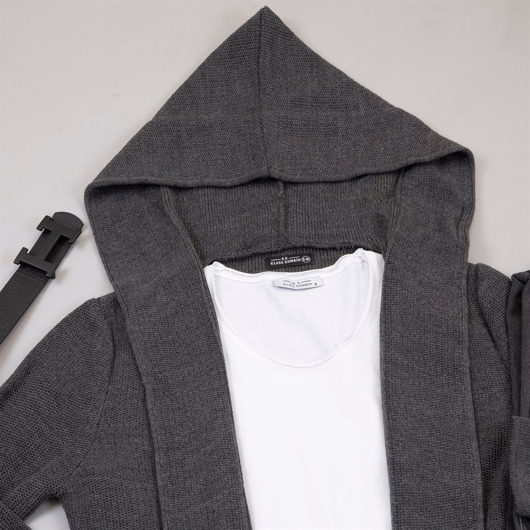 Kapşonlu Füme Hırka Tişört Pantolon Ayakkabı Kombin