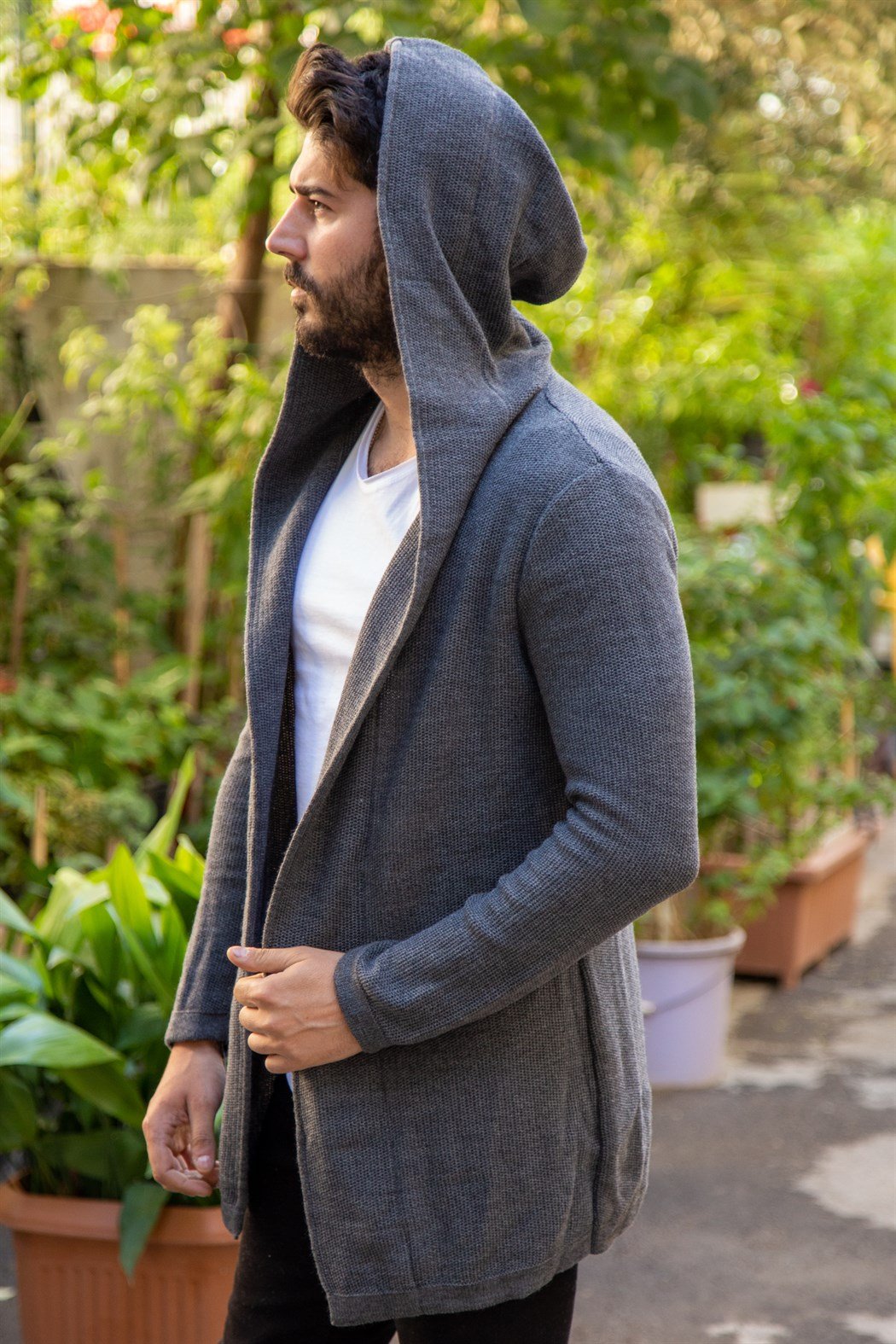 Kapşonlu ince füme örme hırka