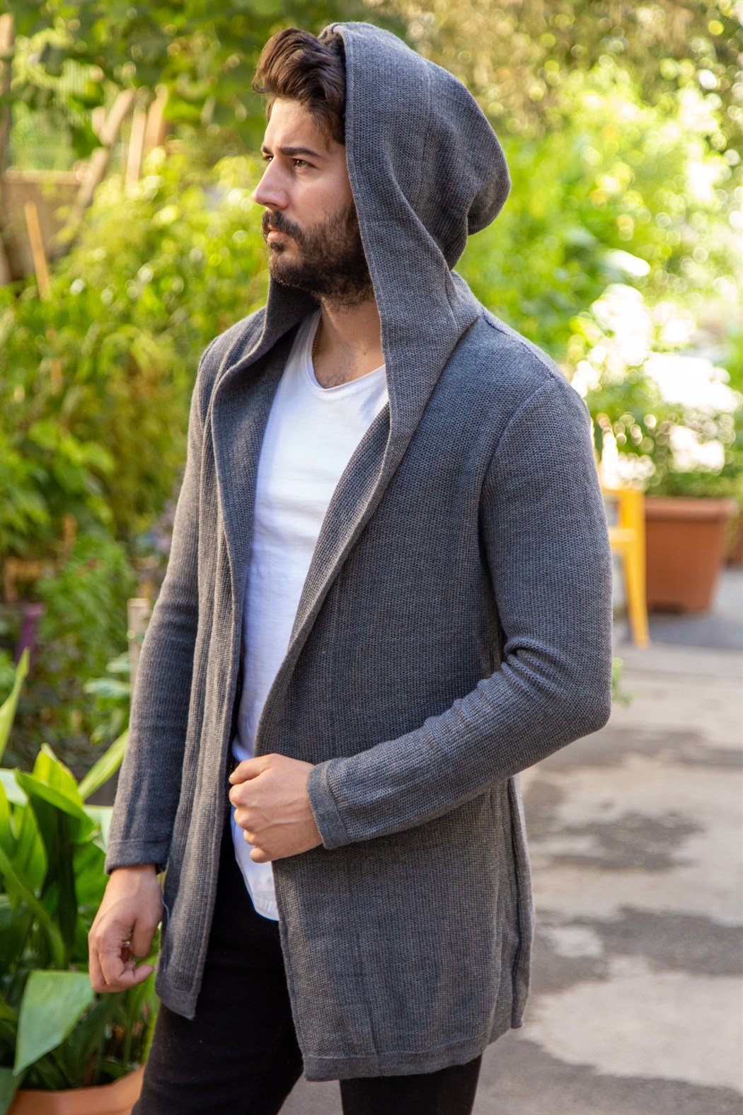 Kapşonlu ince füme örme hırka