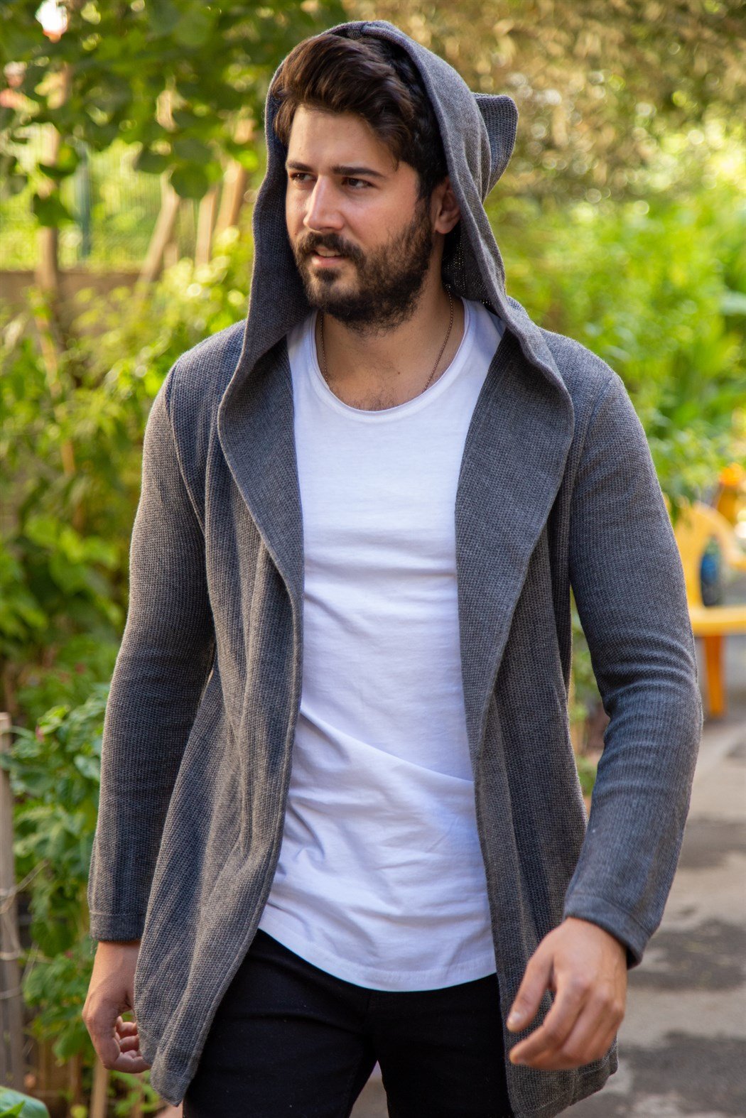 Kapşonlu ince füme örme hırka