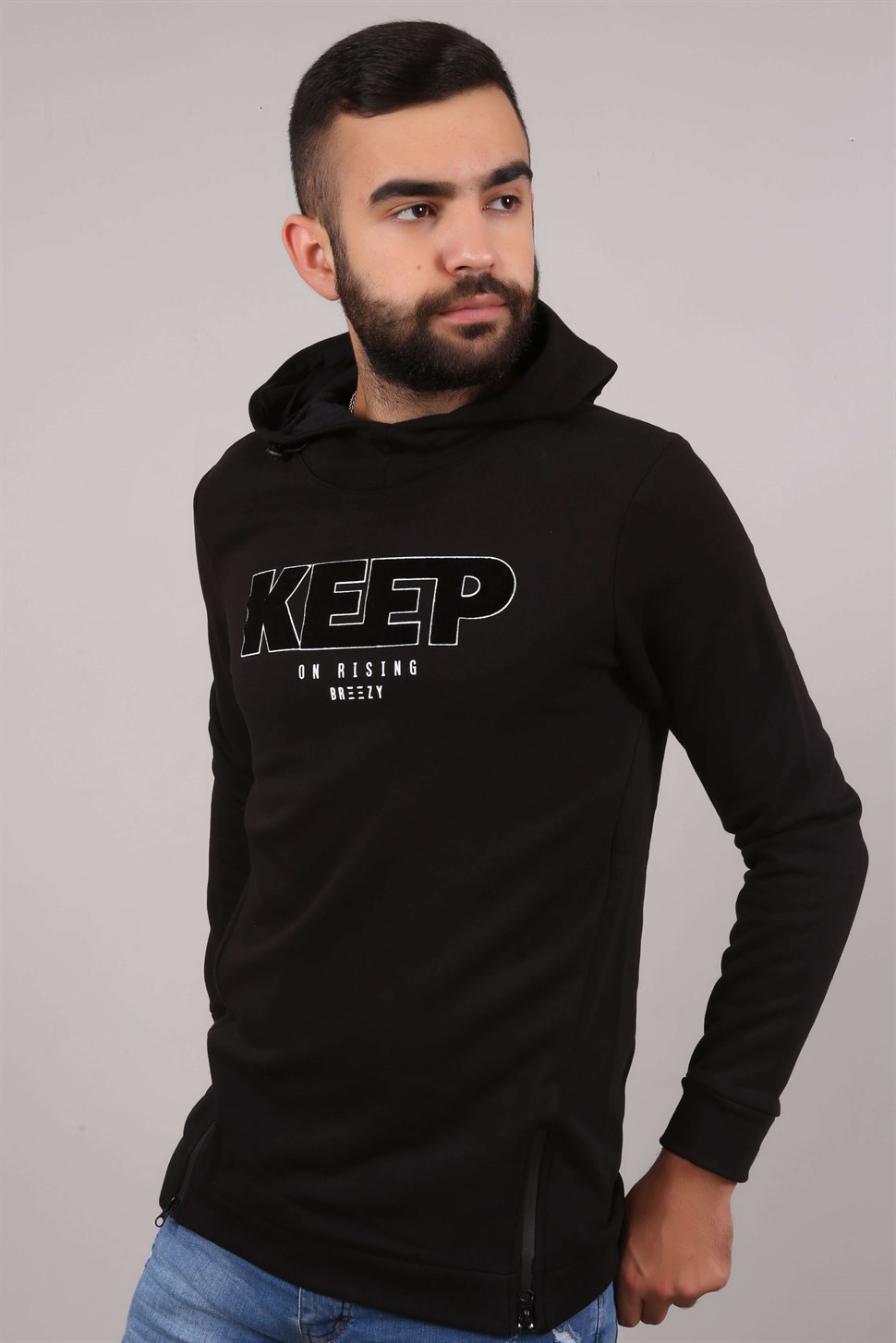 KAPŞONLU KEEP YAZILI SWET SİYAH