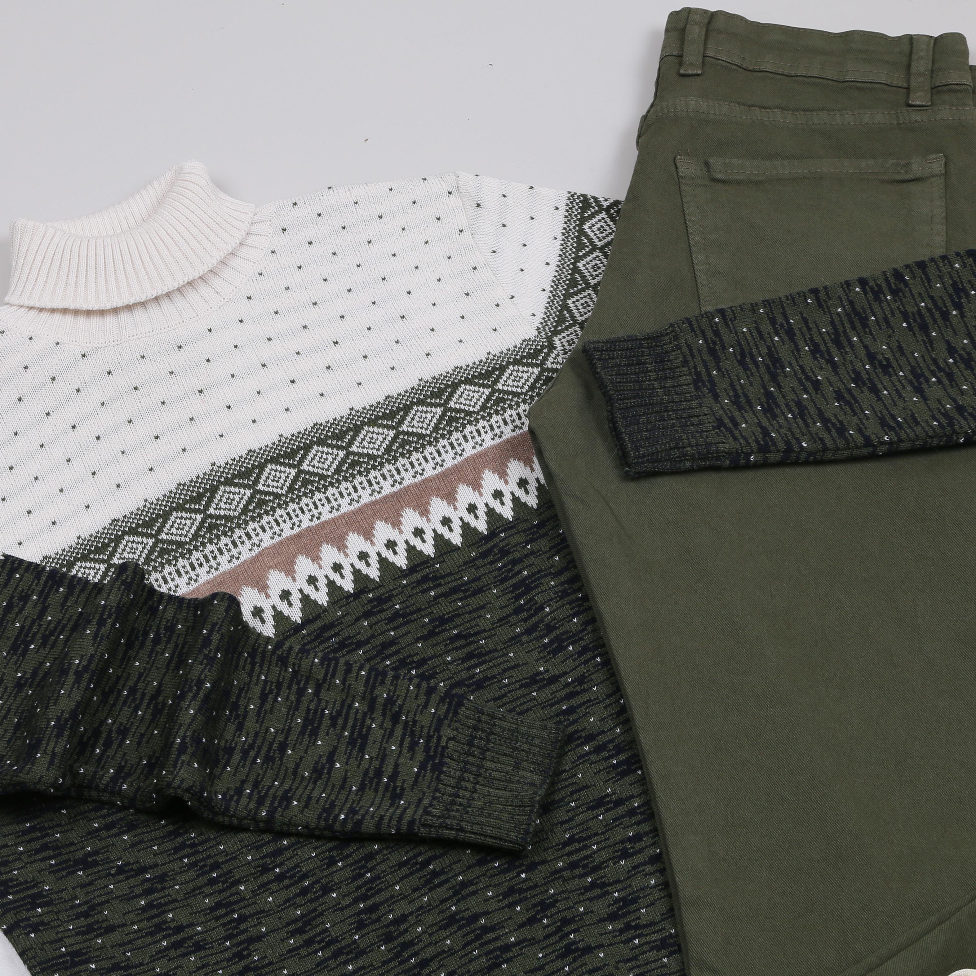 Karışık Desenli Kazak Haki Kot Pantolon Ayakkabı Kombini