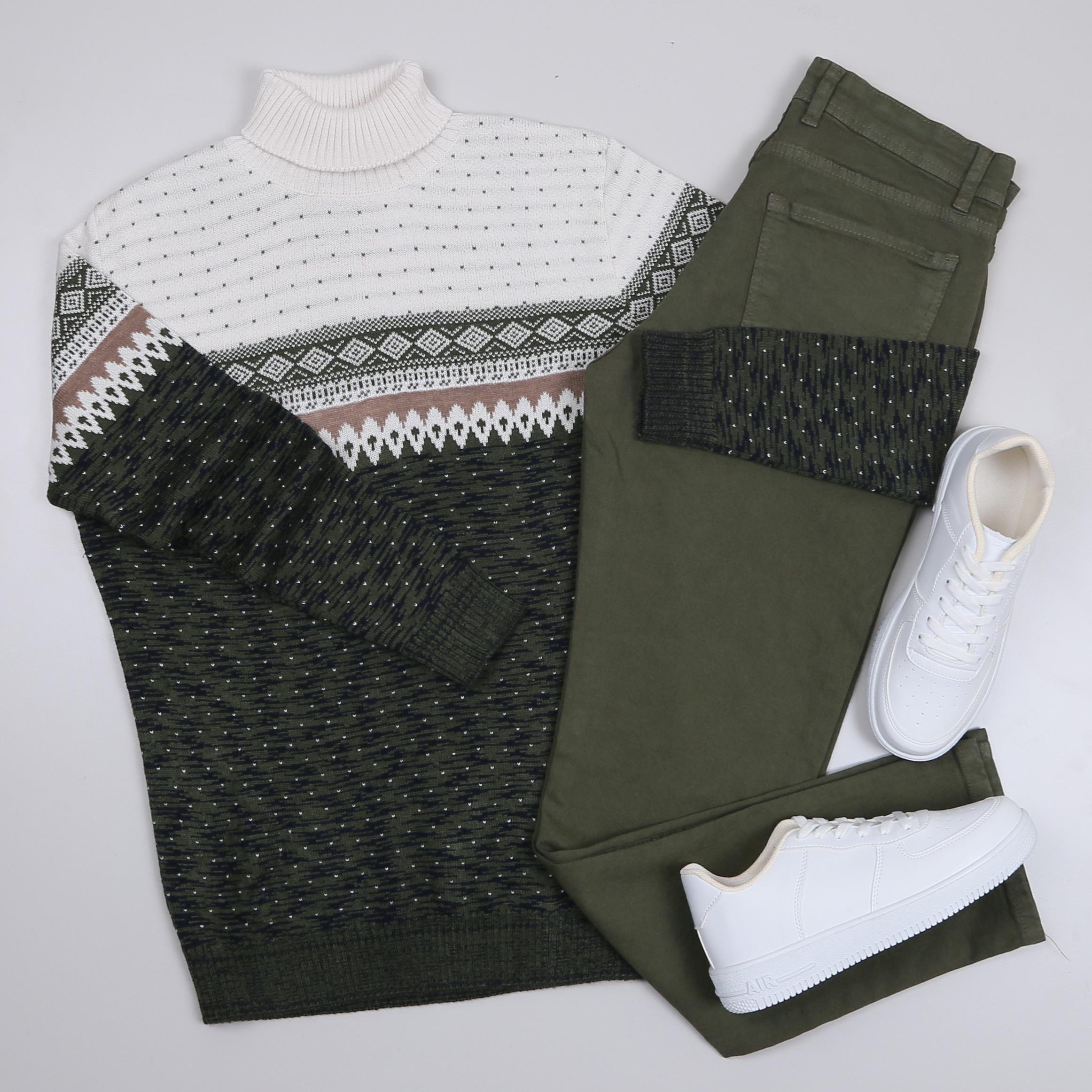 Karışık Desenli Kazak Haki Kot Pantolon Ayakkabı Kombini