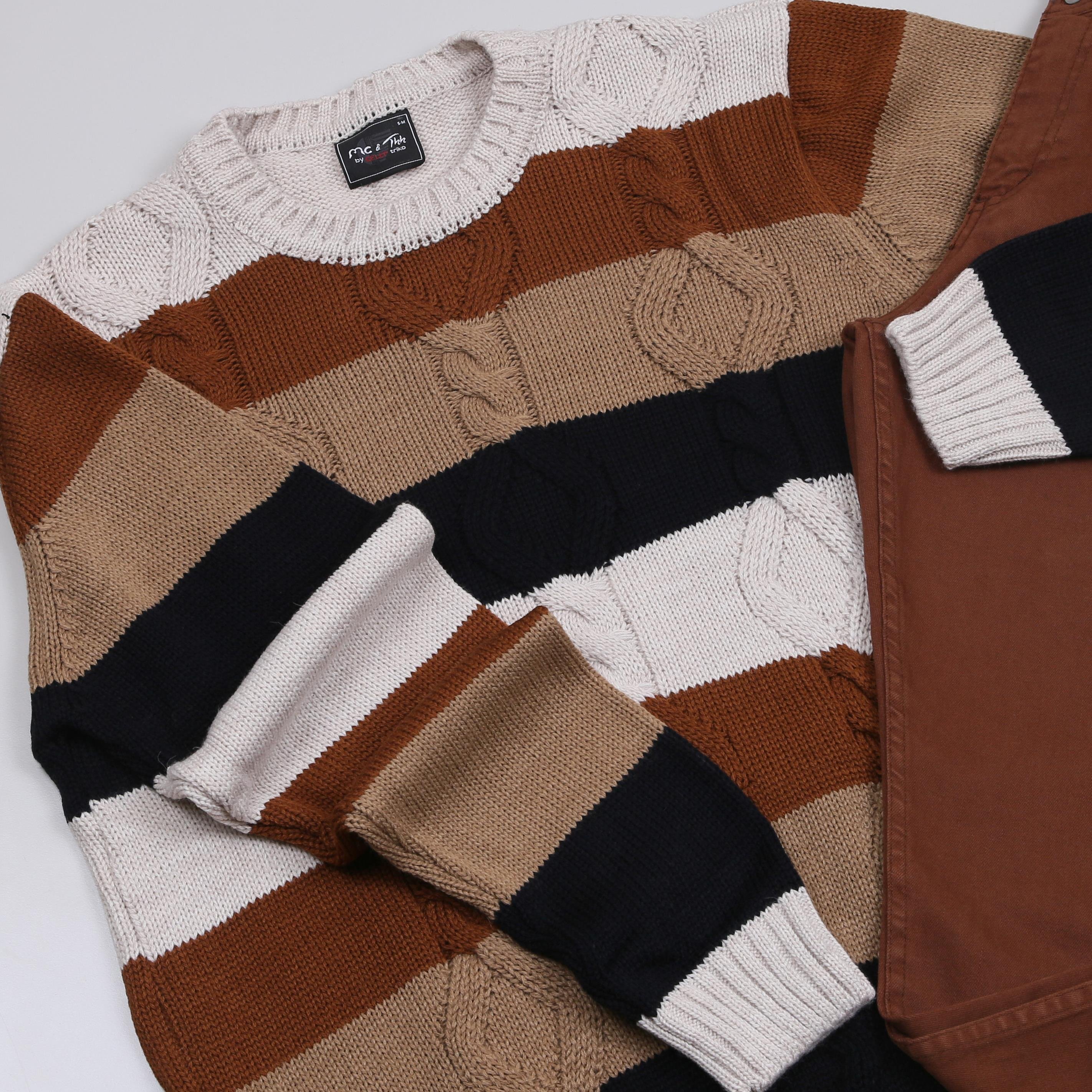 Karışık Desenli Kazak Kahve Kot Pantolon Ayakkabı Kombini