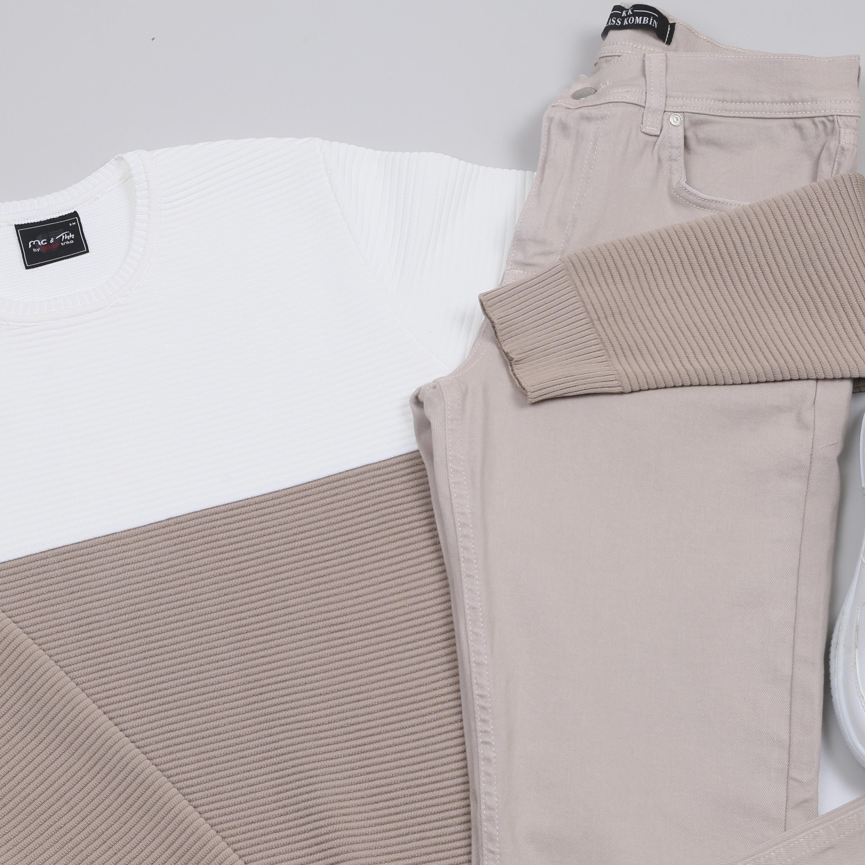 Karışık triko bej kot Pantolon