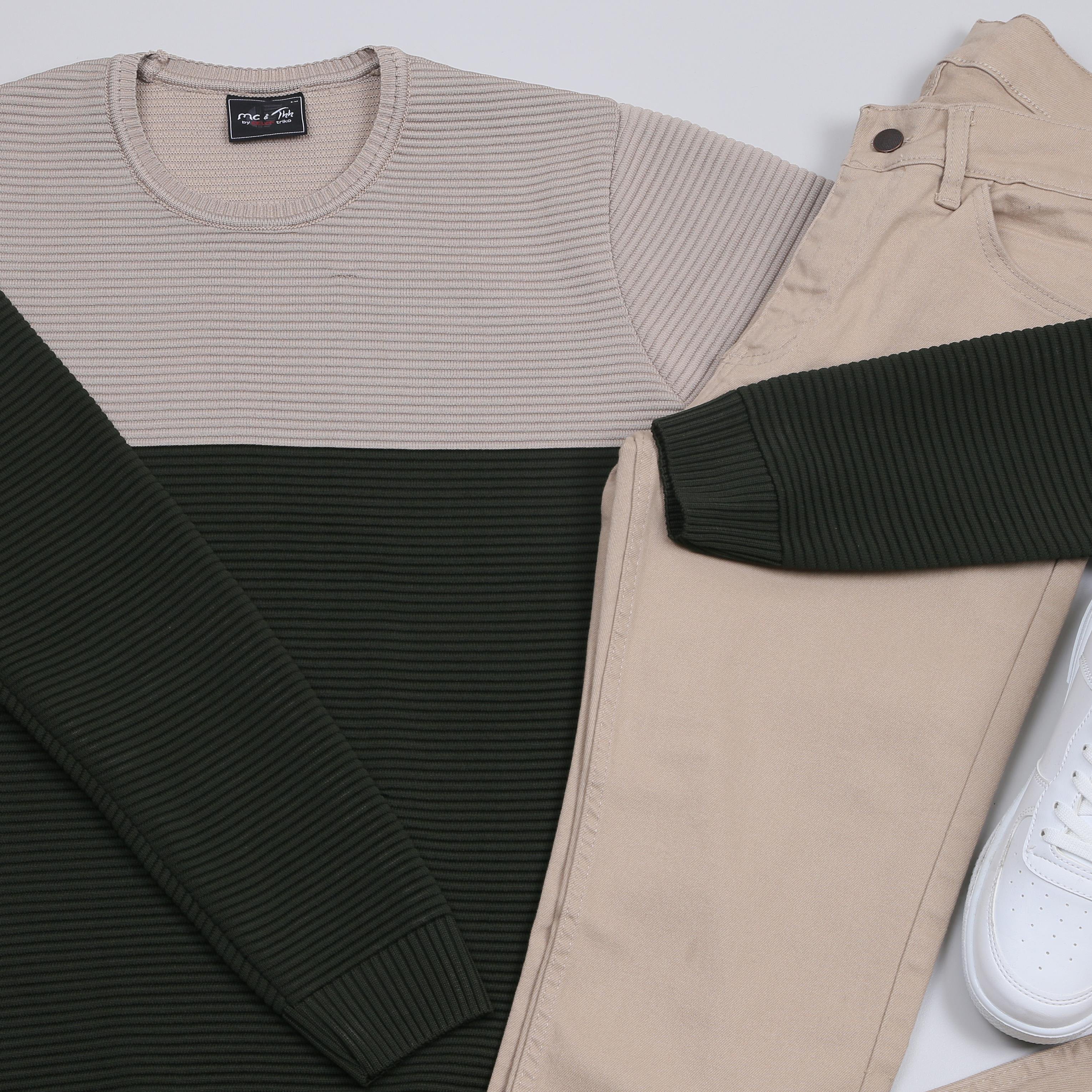 Karışık triko kazak bej kot Pantolon