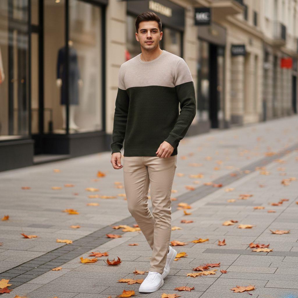 Karışık triko kazak bej kot Pantolon