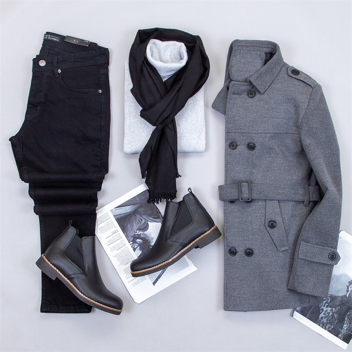 Kemerli Füme Kaşe Kaban Boğazlı Kazak Pantolon Bot Kombin