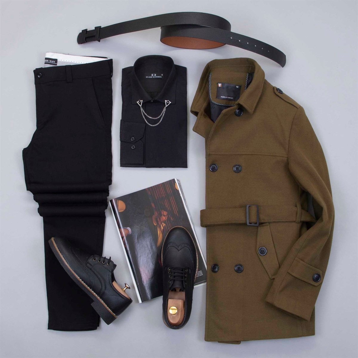 Kemerli Kaşe Kaban Gömlek Pantolon Ayakkabı Kombin