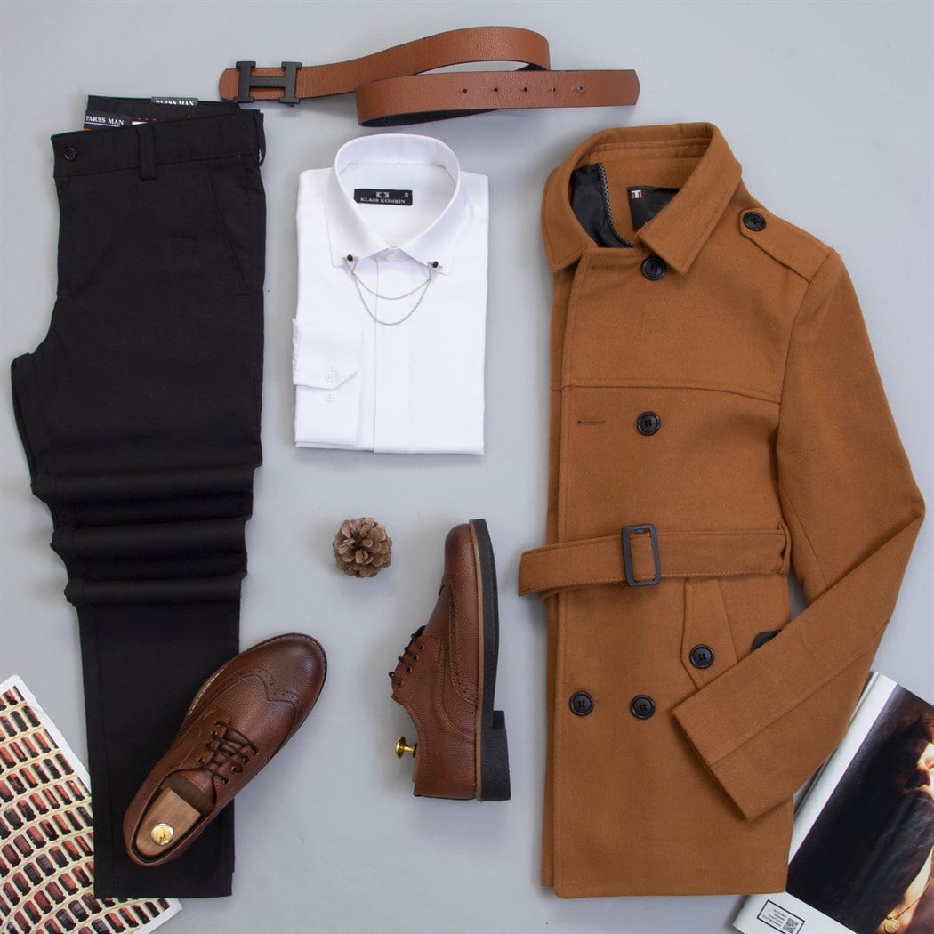 Kemerli Taba Kaşe Kaban Gömlek Ayakkabı Kombin