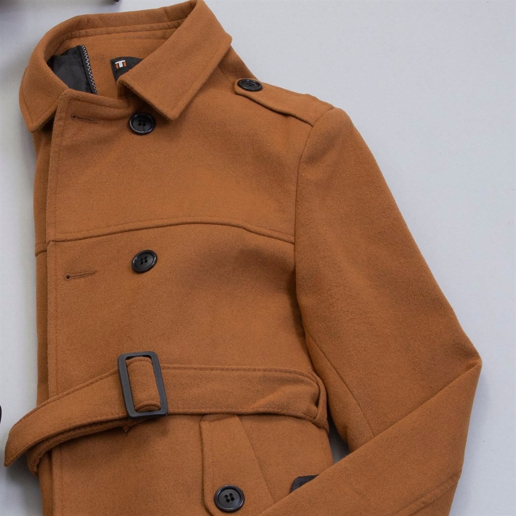 Kemerli Taba Kaşe Kaban Gömlek Ayakkabı Kombin