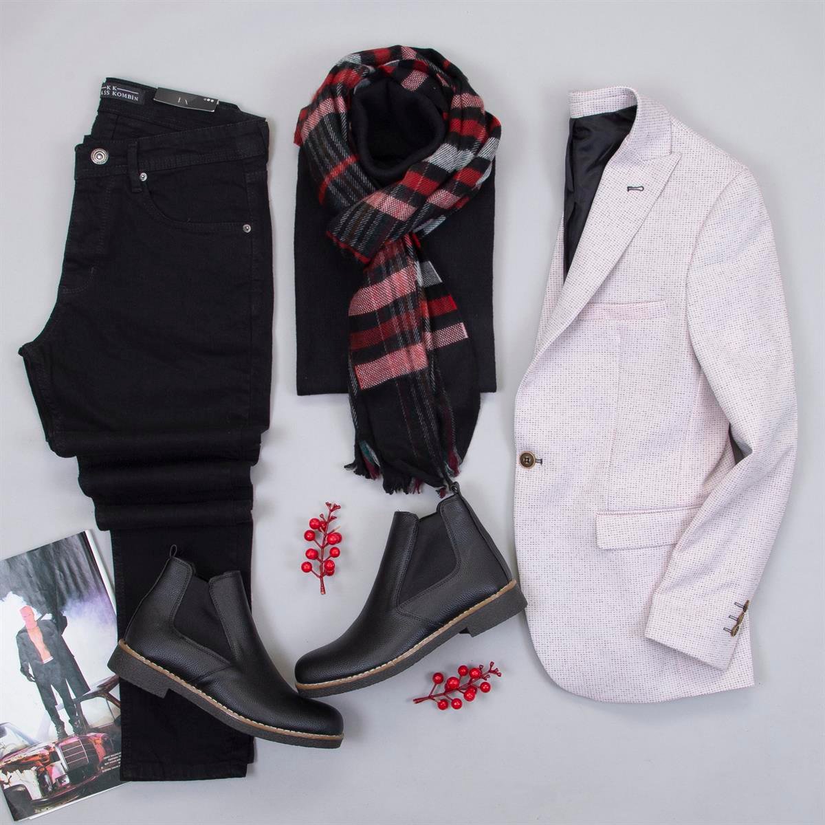 Kırçıllı Açık Pembe Blazer Ceket Kazak Pantolon Bot Kombin