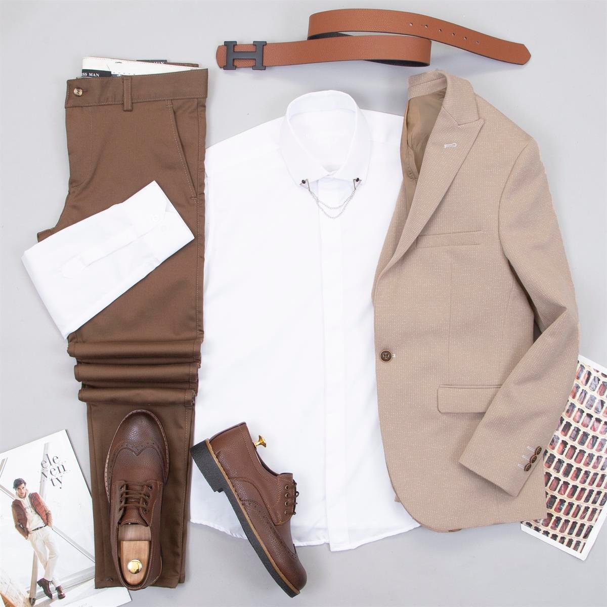 Kırçıllı Bej Blazer Ceket Gömlek Pantolon Ayakkabı Kombin