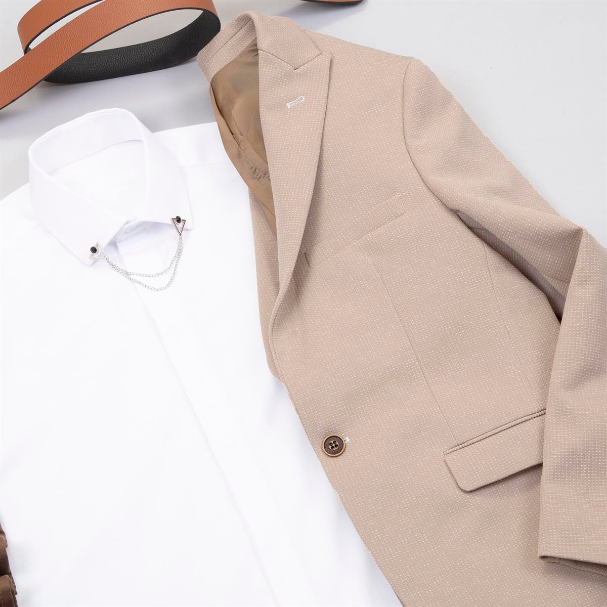 Kırçıllı Bej Blazer Ceket Gömlek Pantolon Ayakkabı Kombin