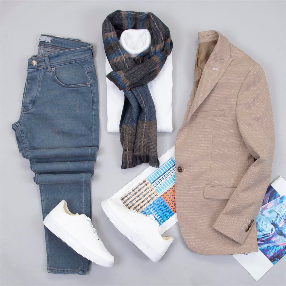 Kırçıllı Bej Blazer Ceket Kazak Pantolon Ayakkabı Kombin