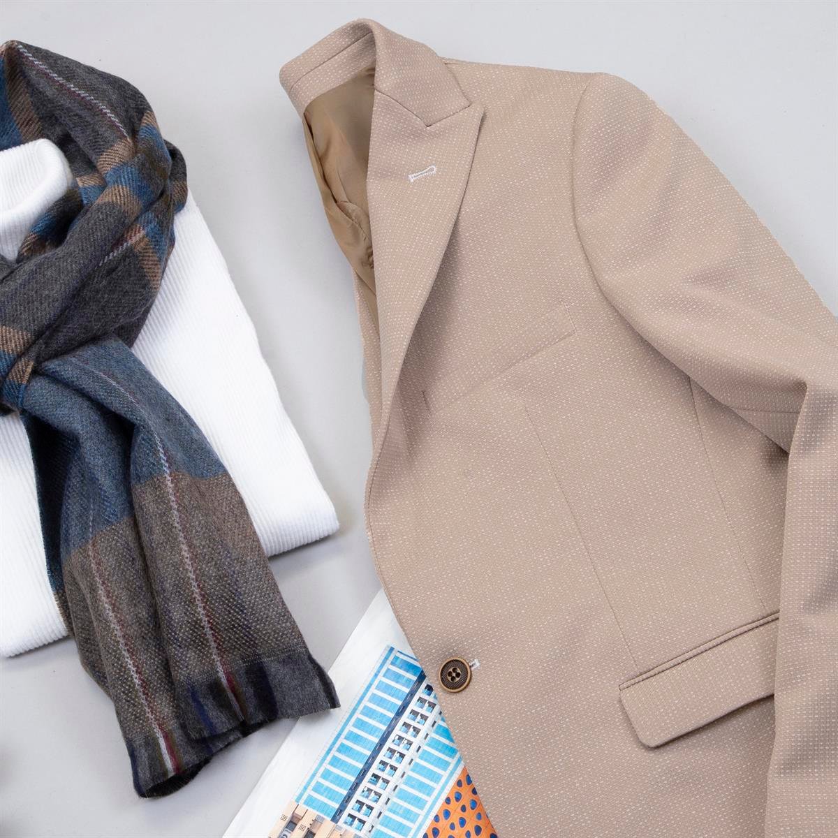 Kırçıllı Bej Blazer Ceket Kazak Pantolon Ayakkabı Kombin