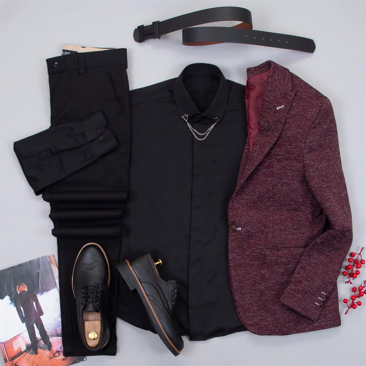 Kırçıllı Bordo Blazer Ceket Gömlek Pantolon Ayakkabı Kombin