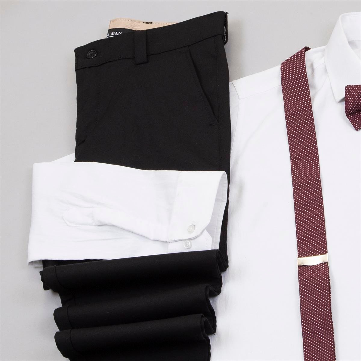 Kırçıllı Bordo Blazer Ceket Gömlek Pantolon Papyon Askı Ayakkabı Kombin