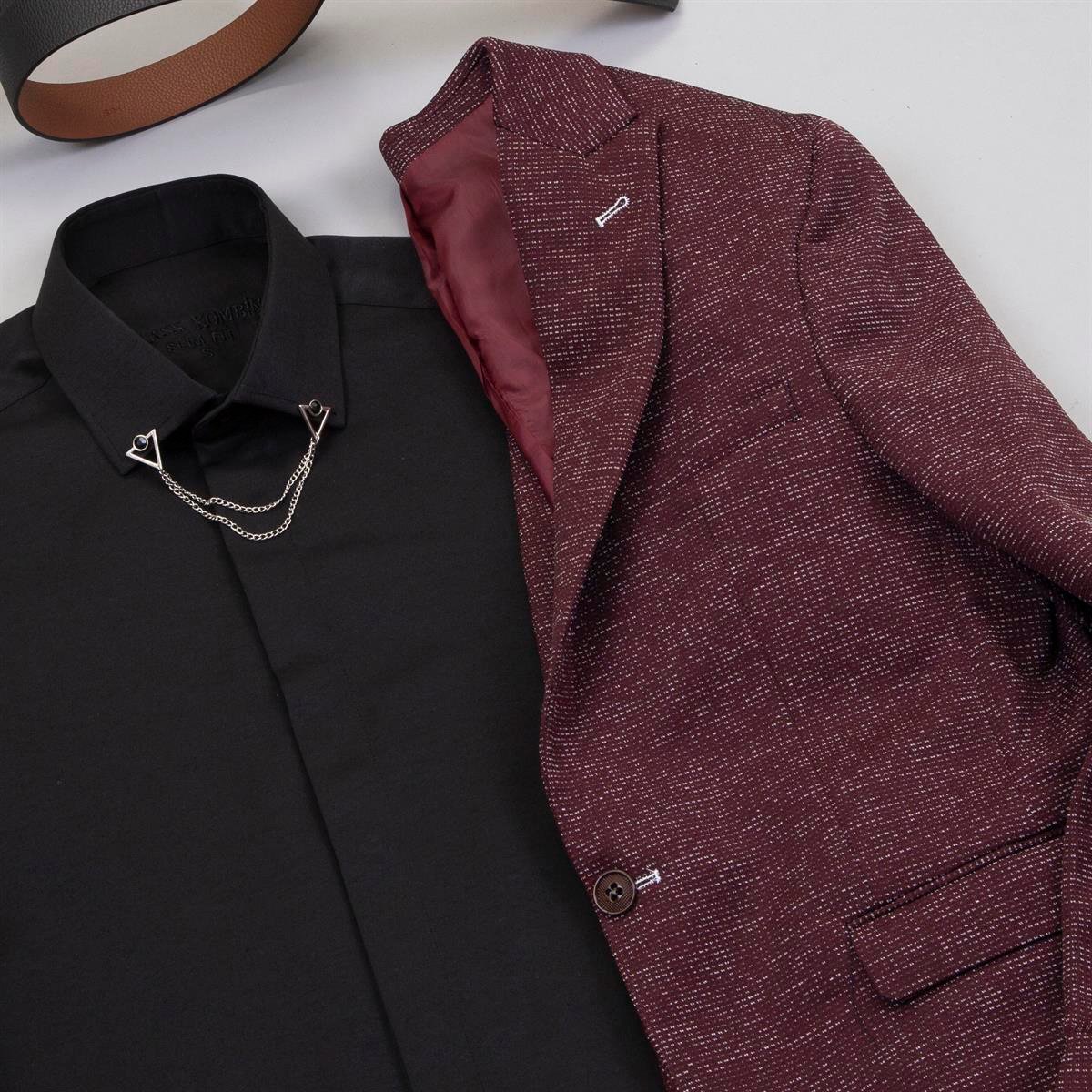 Kırçıllı Bordo Blazer Ceket Gömlek Pantolon Ayakkabı Kombin