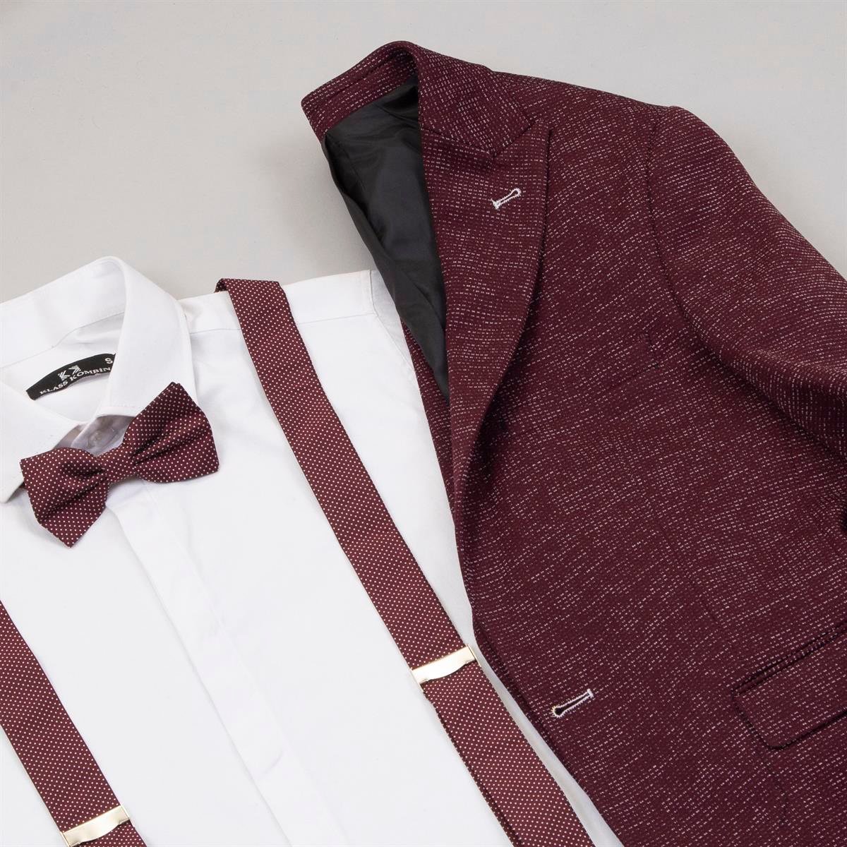 Kırçıllı Bordo Blazer Ceket Gömlek Pantolon Papyon Askı Ayakkabı Kombin