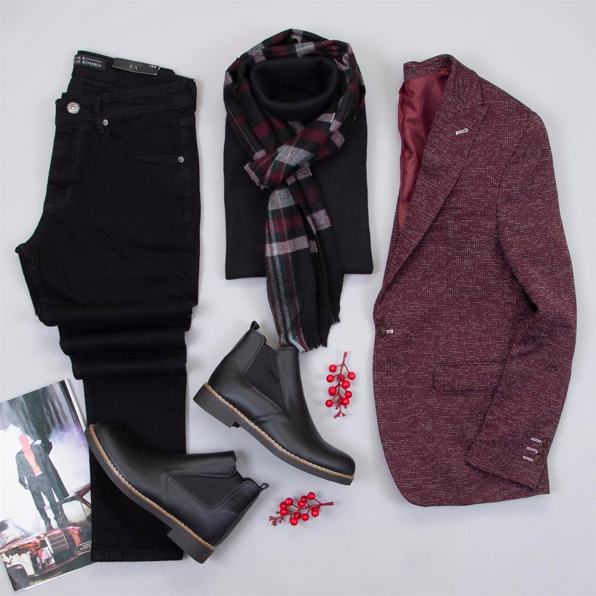 Kırçıllı Bordo Blazer Ceket Kazak Pantolon Bot Kombin