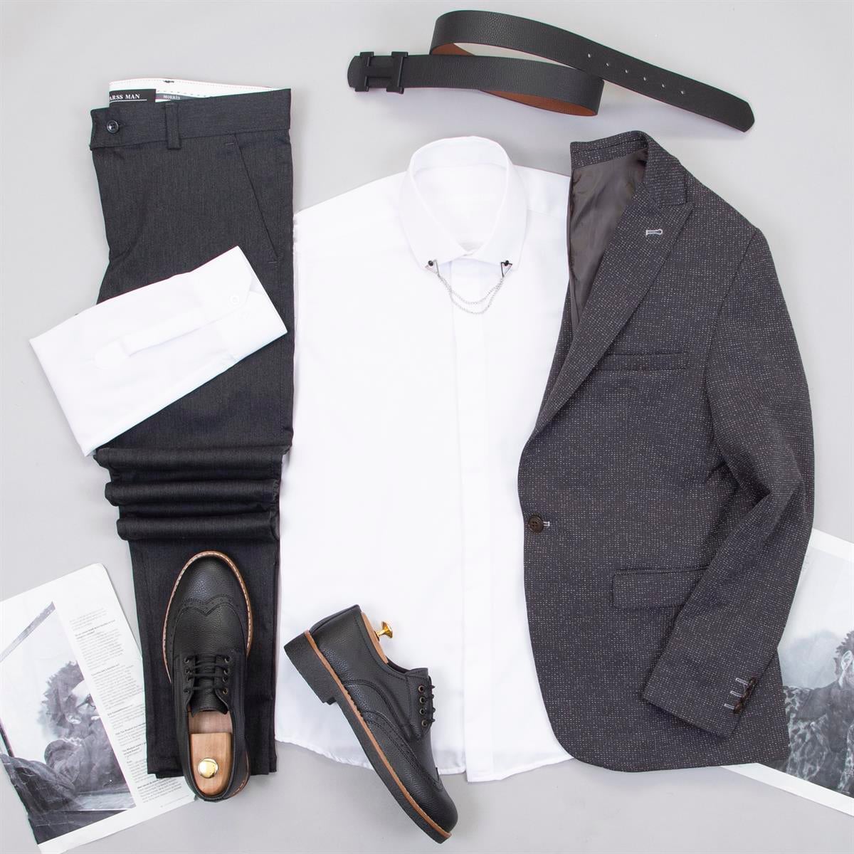 Kırçıllı Füme Blazer Ceket Gömlek Pantolon Ayakkabı Kombin